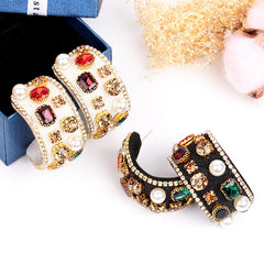 18K Gold Plated White Black Multi Gemstone CZ Pearl Hoop Earring