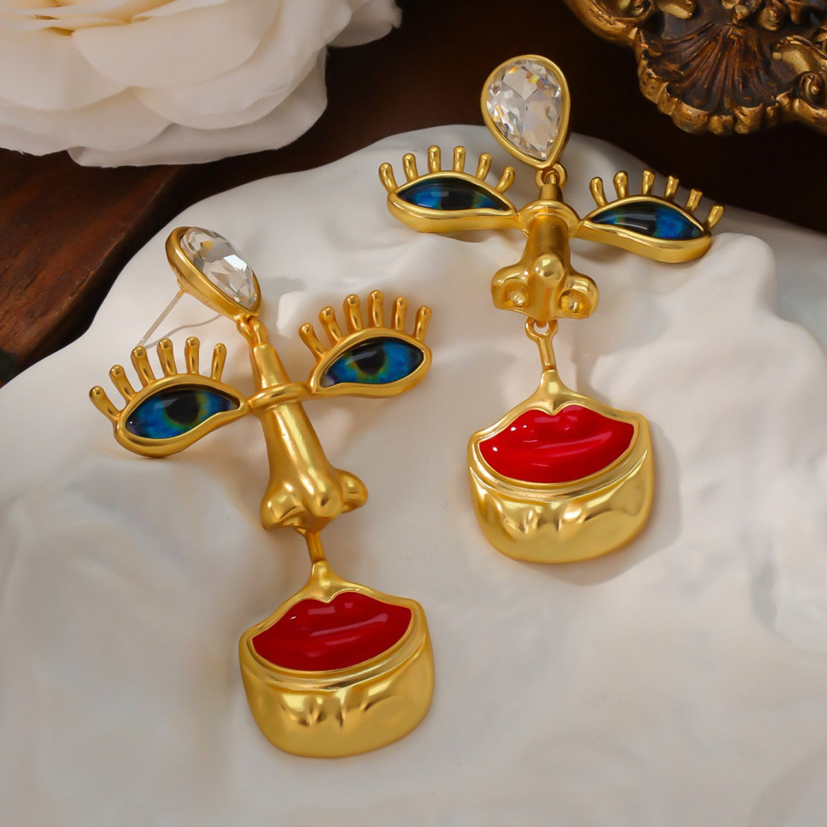 Evil Eye Lip Nose 18K Gold Cubic Zirconia Enamel Dangler Earring