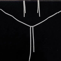 Long Silver Solitaire Cubic Zirconia Anti Tarnish Y Necklace Earring For Women