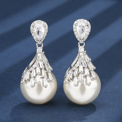 Drop White Silver Pearl Cubic Zirconia Necklace Earring Set For Women