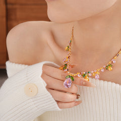 Drop Leaf Solitaire Crystal Pink Orange Anti Tarnish Necklace Earring Set For Women Group1