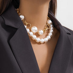 Ball 18K Gold Silver Pearl Anti Tarnish Dual Layer Necklace For Women