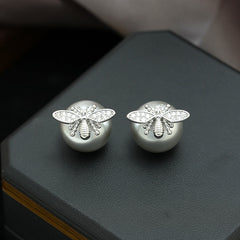 Little Honeybee Pearl Cubic Zirconia Gold Silver Stud Earring For Women