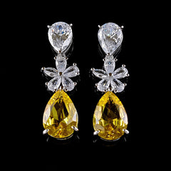 Solitaire Flower Drop Silver Yellow Anti Tarnish Dangler Earring For Women