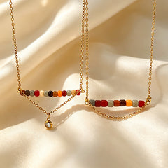 Multi Color Layered Gemstone Beads Gold CZ Anti Tarnish Copper Necklace