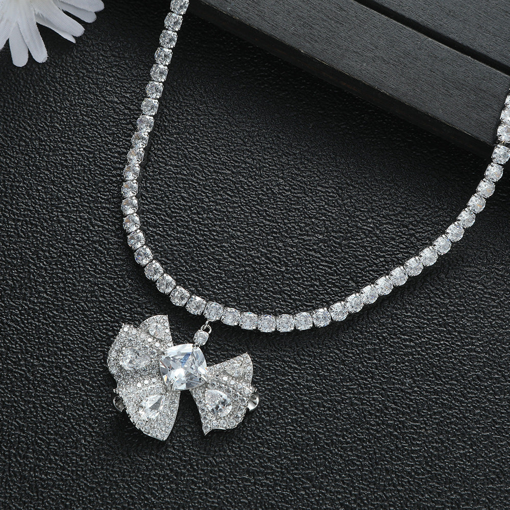 Luxury CZ Crystal Silver Bow Anti Tarnish Copper Necklace For Women