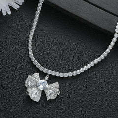 Luxury CZ Crystal Silver Bow Anti Tarnish Copper Necklace For Women