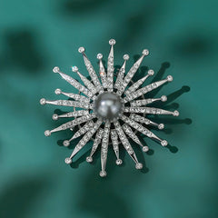Designer Sunflower Silver Plated CZ Pearl Alloy Brooch For Women