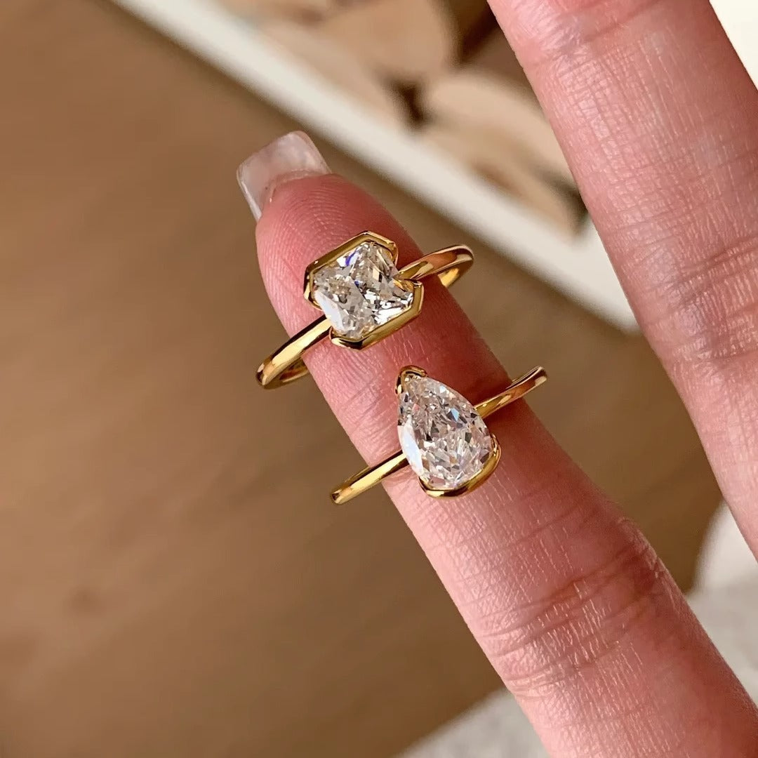 Princess Drop Solitaire Cubic Zirconia 18K Gold Anti Tarnish Free Size Ring Pack Of 2 For Women