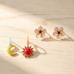 Designer Floral Sun & Moon Mismatch Gold Plated Enamel Drop Earrings