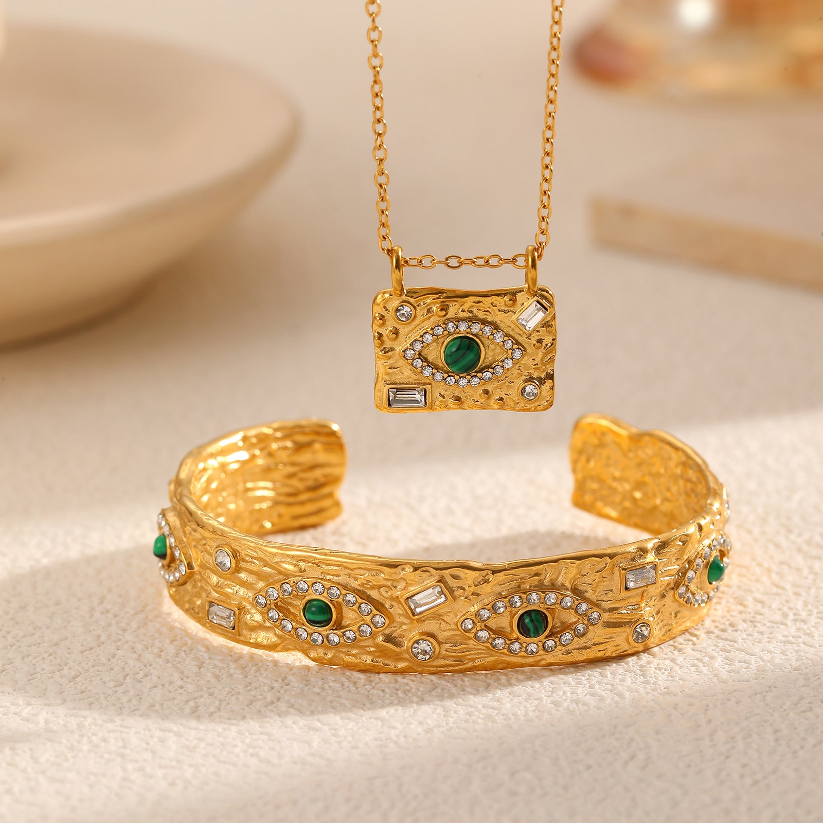 Green Evil Eye Gold Plated CZ Stainless Steel Necklace & Cuff Bracelet