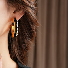 Pearl 18K Gold Black Enamel Anti Tarnish Hoop Earring For Women