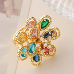 Flower Rainbow Solitaire On Surface Gold CZ Anti Tarnish Ring