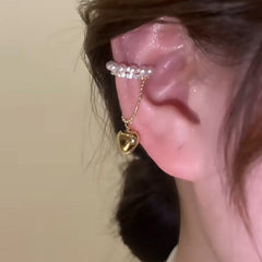 Heart Chain Pearl CZ Gold Anti Tarnish Single Ear Cuff Earring