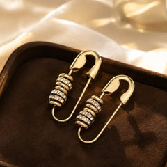 Luxury Safety Pin Design Gold Plated CZ Drop Alloy Earrings For Women
