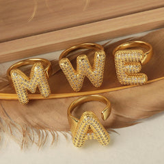 Initial Letter Alphabets Cubic Zirconia 18K Gold Adjustable Ring For Women Group1