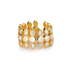 White Classic Flower Cluster Gold CZ Copper Adjustable Fancy Ring