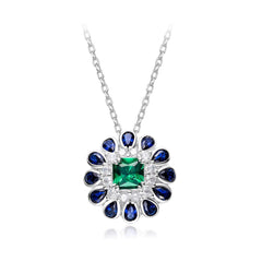 Sunflower Blue Green Gemstone Silver Cubic Zirconia Necklace Earring Ring Set For Women