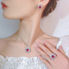 Flower Red Gemstone Silver Cubic Zirconia Necklace Earring Ring Set For Women