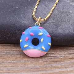 Copper Enamel Blue White Gold Donut Necklace Pendant Chain For Women Girls