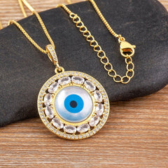 Evil Eye Mother Of Pearl Oval CZ 18K Gold Pendant Chain