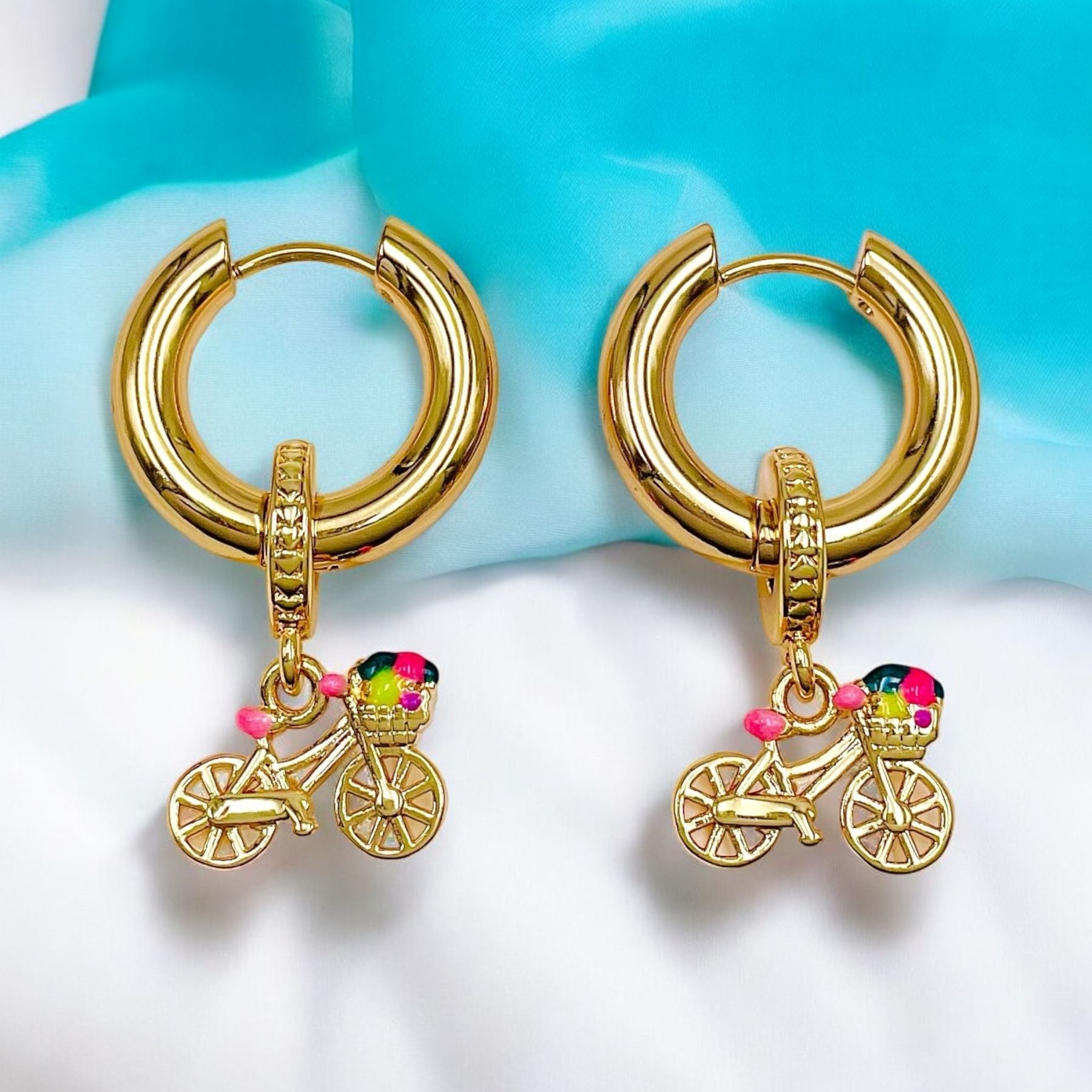 Tiny Cycle Enamel Pink 18K Gold Anti Tarnish Dangler Hoop Earring For Women/Kids