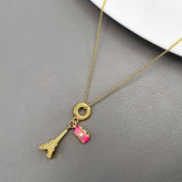 Tiny Eiffel Tower Enamel Pink 18K Gold Anti Tarnish Pendant Chain For Women/Kids