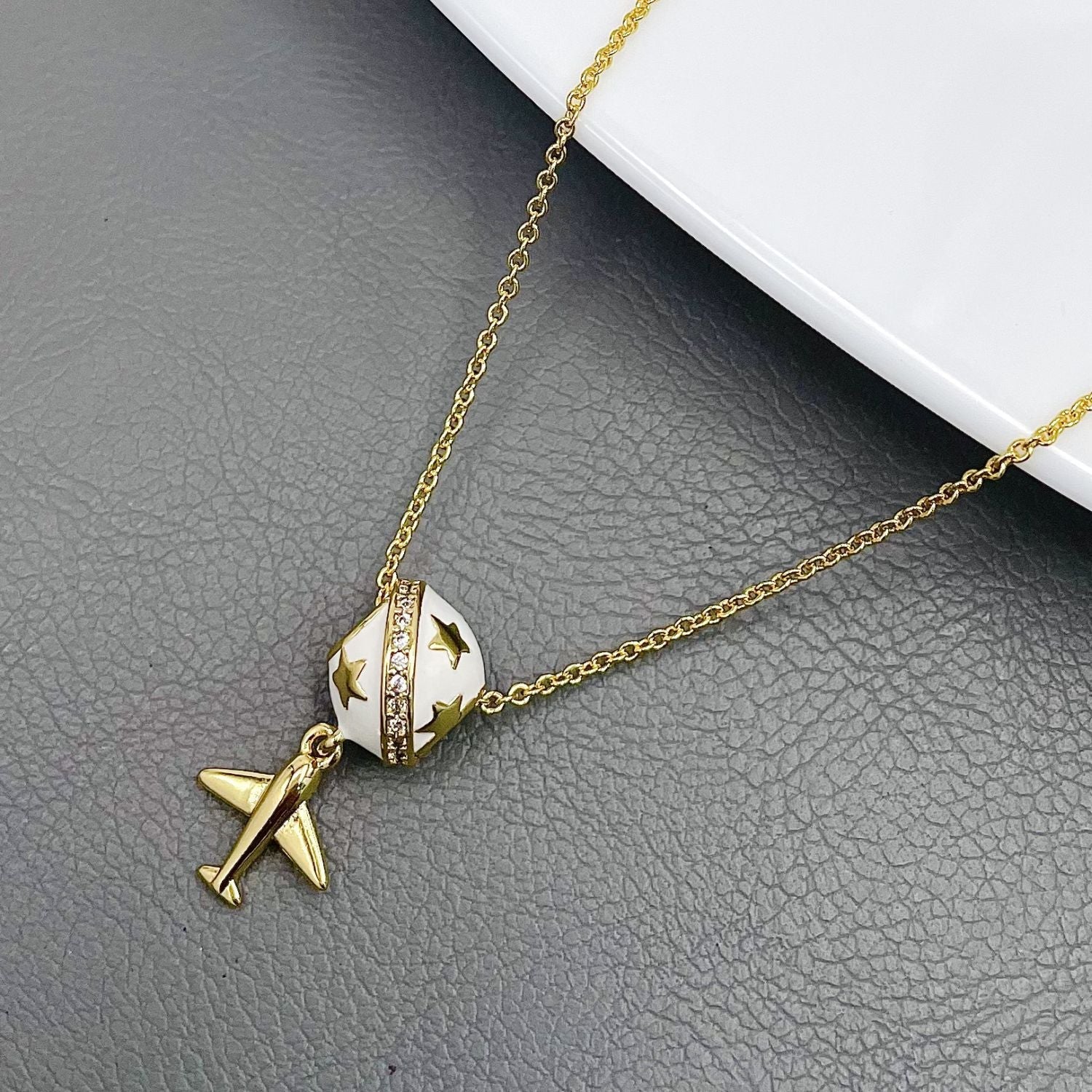Star Aeroplane Cubic Zirconia Enamel White 18K Gold Anti Tarnish Pendant Chain For Women/Kids