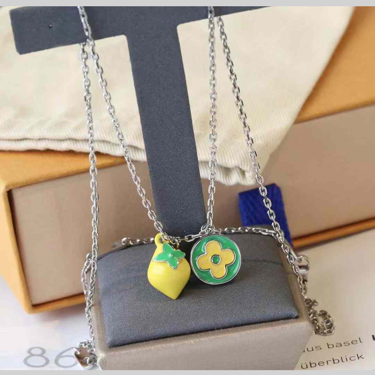Lemon Clover Flower Stainless Steel Enamel Silver Yellow Green Pendant Chain Necklace For Women