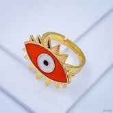 Flower Oval Evil Eye Red Enamel Gold Adjustable Band Ring Gift