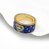 Heart Evil Eye Blue Gold American Diamond Enamel Adjustable Ring
