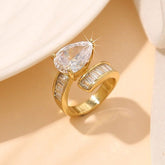 Pear Drop Baguette Cubic Zirconia 18K Gold Free Size Ring For Women
