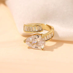 Pear Drop Baguette Cubic Zirconia 18K Gold Free Size Ring For Women