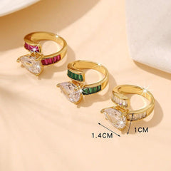 Pear Drop Baguette Cubic Zirconia 18K Gold Free Size Ring For Women