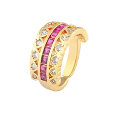 Ruby Pink Love Heart Cubic Zirconia 18K Gold Open Back Ring for Women