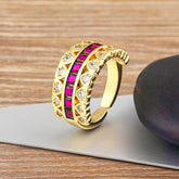 Ruby Pink Love Heart Cubic Zirconia 18K Gold Open Back Ring for Women