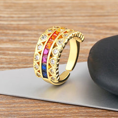 Ruby Pink Love Heart Cubic Zirconia 18K Gold Open Back Ring for Women