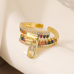 Zip Rainbow Multi Color Zircon 18K Gold Anti Tarnish Free Size Ring For Women