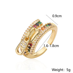 Zip Rainbow Multi Color Zircon 18K Gold Anti Tarnish Free Size Ring For Women