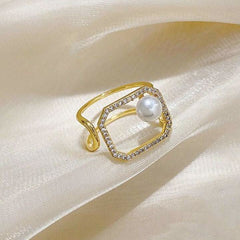 Octagon 18K Gold Cubic Zirconia Pearl Anti Tarnish Adjustable Ring For Women