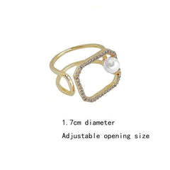 Octagon 18K Gold Cubic Zirconia Pearl Anti Tarnish Adjustable Ring For Women