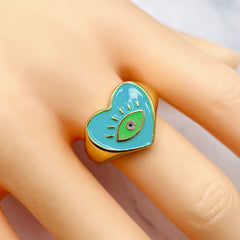 Heart Evil Eye Blue 18K Gold Enamel Anti Tarnish Adjustable Ring For Women