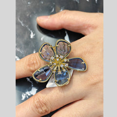 Flower Cubic Zirconia Blue 18K Gold Anti Tarnish Big Free Size Ring For Women