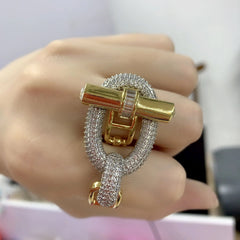 Curb Lock Cubic Zirconia 18K Gold Silver Anti Tarnish Dual Finger Adjustable Ring For Women