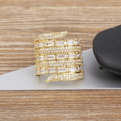 Baguette Layer Surface Cubic Zirconia 18K Gold Anti Tarnish Adjustable Ring For Women