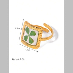 Clover Square Transparent Flower Green 18K Gold Anti Tarnish Free Size Ring For Women