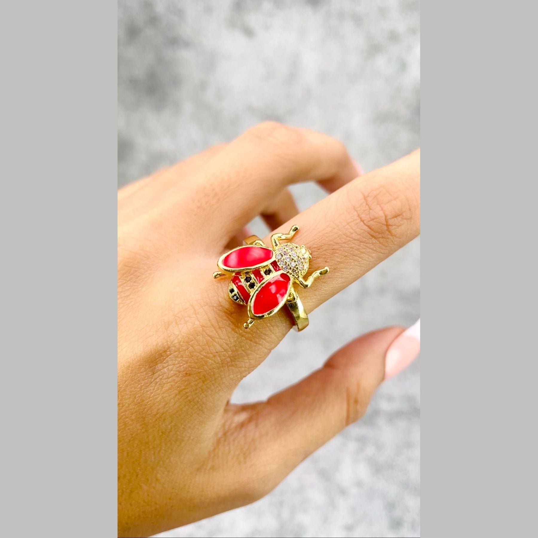 Honey Bee Cubic Zirconia Enamel Red 18K Gold Anti Tarnish Free Size Ring For Women
