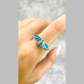 Honey Bee Cubic Zirconia Enamel Blue 18K Gold Anti Tarnish Free Size Ring For Women