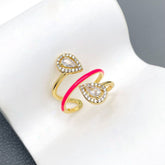 Drop Solitaire Cubic Zirconia Enamel Pink 18K Gold Anti Tarnish Adjustable Ring For Women