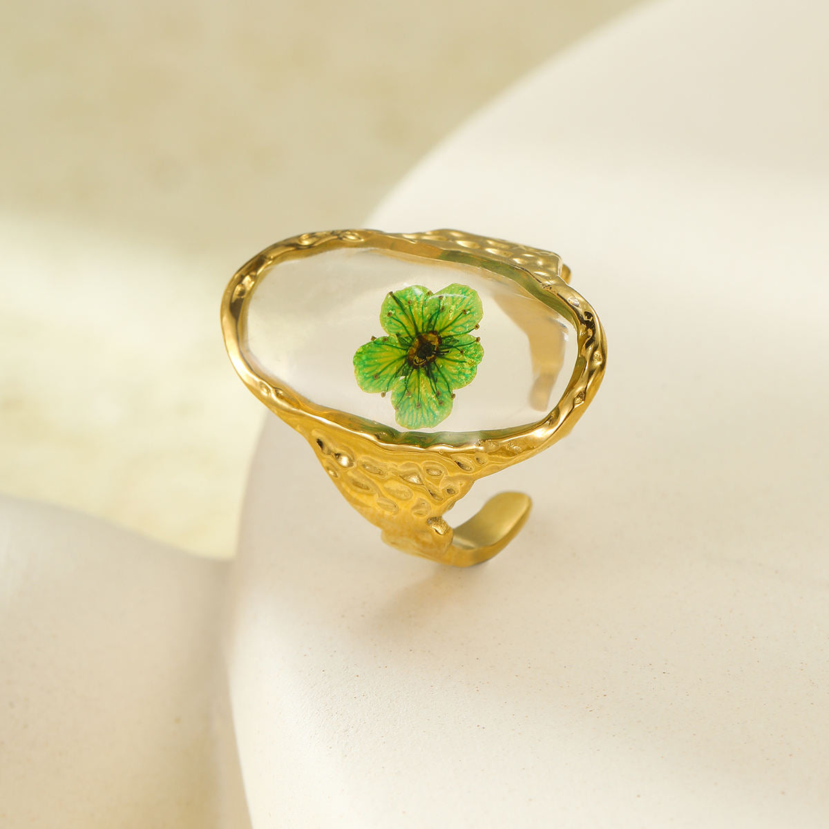 Oval Flower Transparent Green 18K Gold Anti Tarnish Free Size Ring For Women